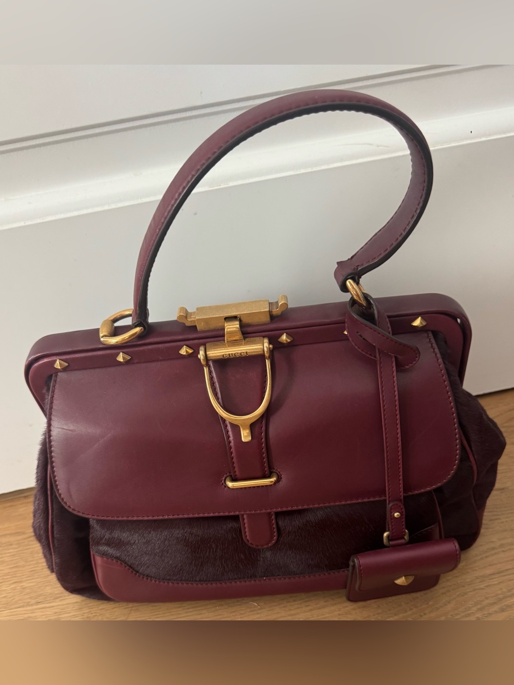 Vintage Gucci Oxblood Calf Hair Stirrup Bag - Pyramid Studs - Gold Hardware